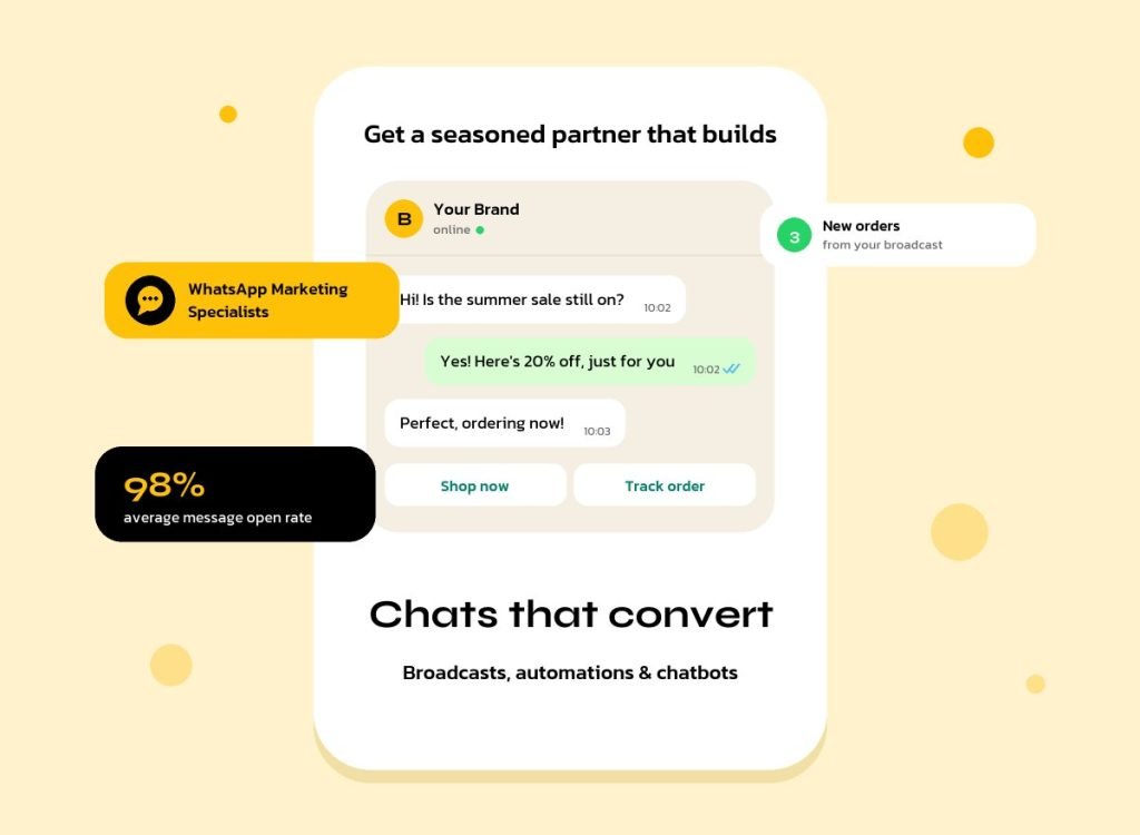 WhatsApp marketing chat example with quick-reply buttons and the headline Chats that convert