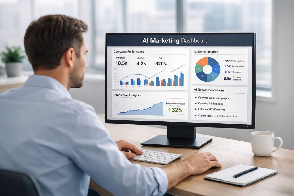 AI marketing dashboard showing campaign performance, audience insights and predictive analytics