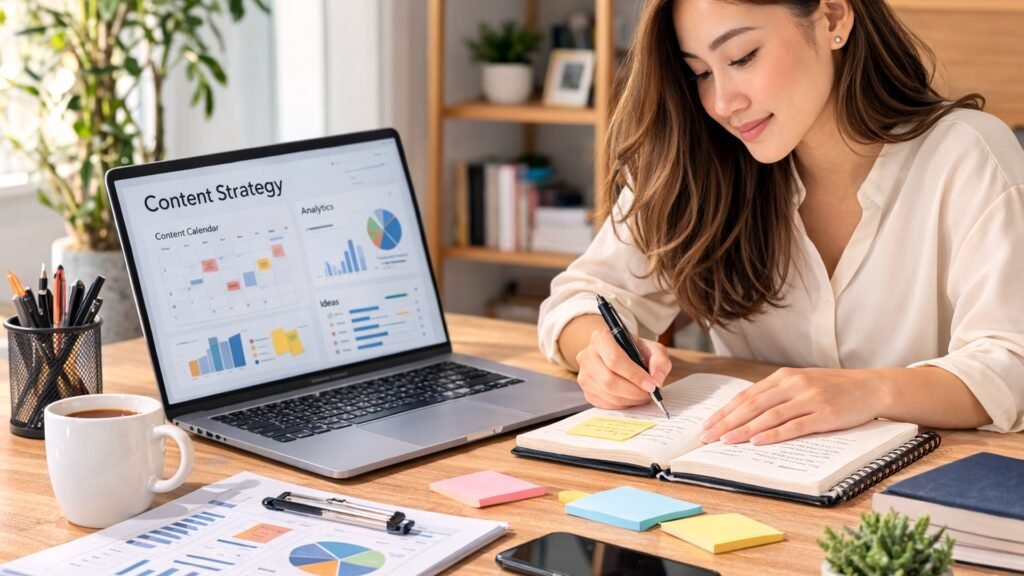 Content marketer planning a content strategy in a notebook beside a laptop showing a content calendar and analytics